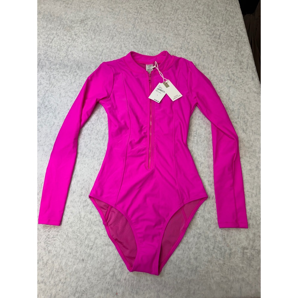 Good American Pink Glow Long Sleeve Zip Front One Piece Swimsuit NWT Size S